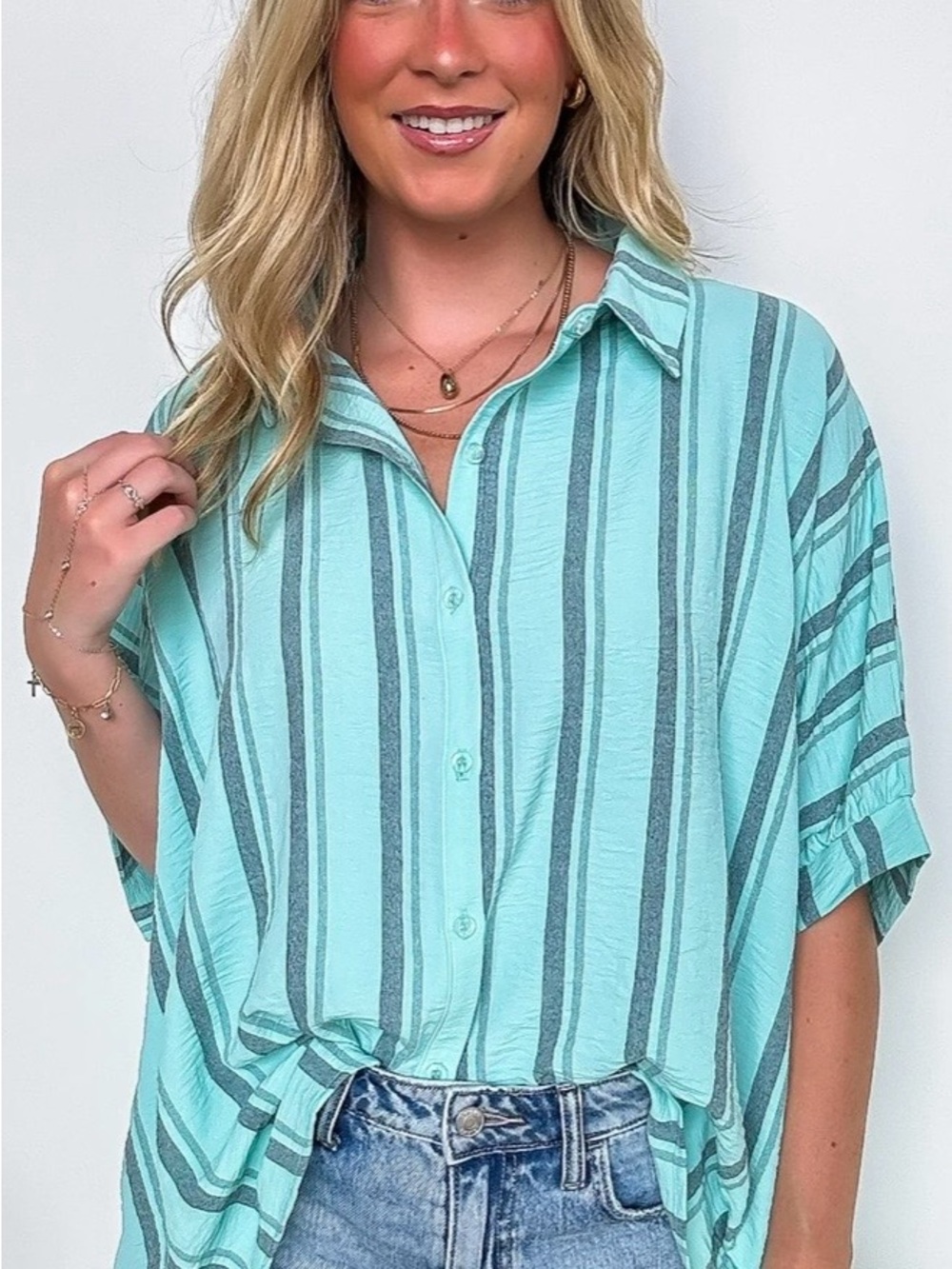 Zenana Outfitters Mint Green Striped Button-Down Shirt